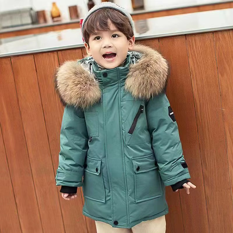 2025 New 4-14 Years Very Keep Warm Winter Boys Jacket Teenager Mid-Length plus Velvet Thickening Hooded Cotton Coat for Kids