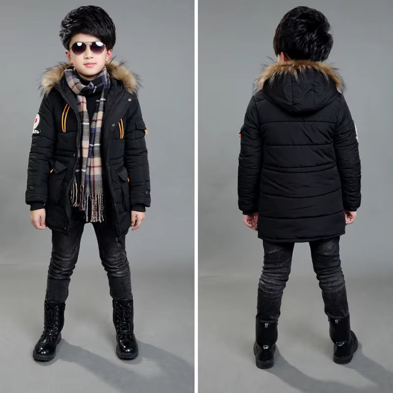 2024 New Big Size Keep Warm Winter Boys Jacket 3-14 Year Fur Collar Thick Hooded Outerwear for Kids Children Outdoor Windbreaker