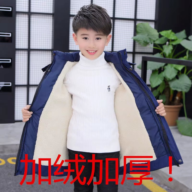 2025 New 4-14 Years Very Keep Warm Winter Boys Jacket Teenager Mid-Length plus Velvet Thickening Hooded Cotton Coat for Kids