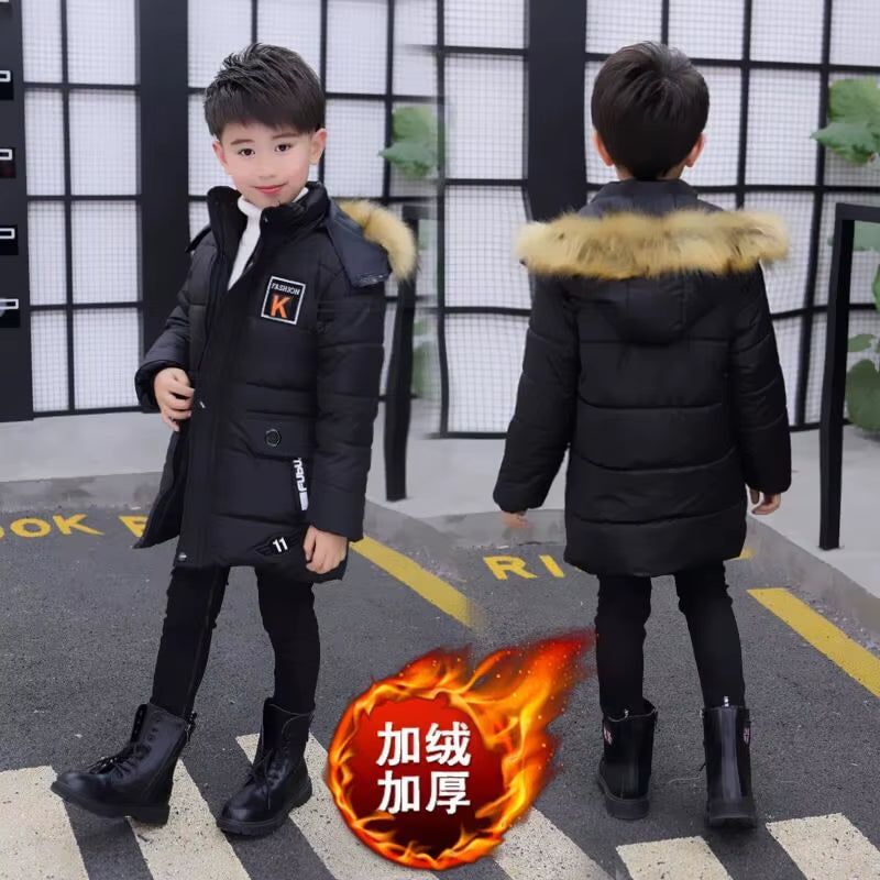 2025 New 4-14 Years Very Keep Warm Winter Boys Jacket Teenager Mid-Length plus Velvet Thickening Hooded Cotton Coat for Kids