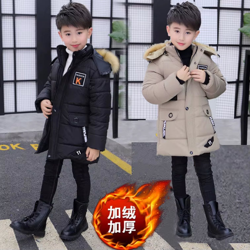 2025 New 4-14 Years Very Keep Warm Winter Boys Jacket Teenager Mid-Length plus Velvet Thickening Hooded Cotton Coat for Kids