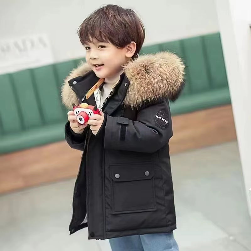 2025 New 4-14 Years Very Keep Warm Winter Boys Jacket Teenager Mid-Length plus Velvet Thickening Hooded Cotton Coat for Kids