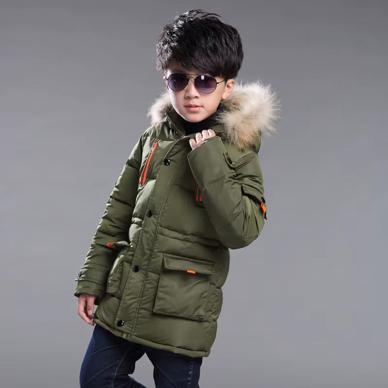 2024 New Big Size Keep Warm Winter Boys Jacket 3-14 Year Fur Collar Thick Hooded Outerwear for Kids Children Outdoor Windbreaker