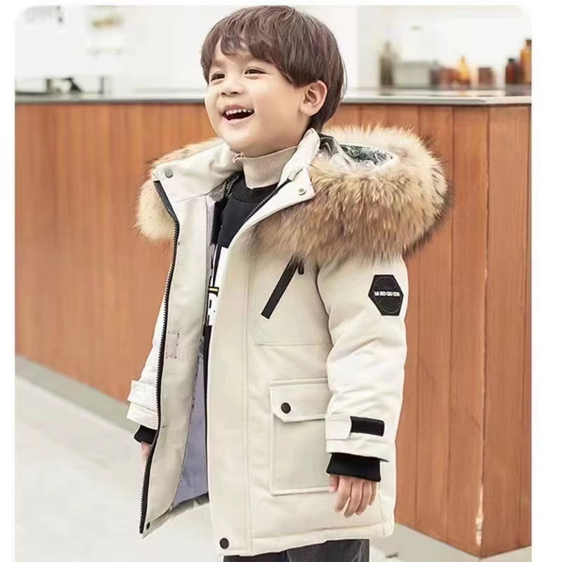 2025 New 4-14 Years Very Keep Warm Winter Boys Jacket Teenager Mid-Length plus Velvet Thickening Hooded Cotton Coat for Kids