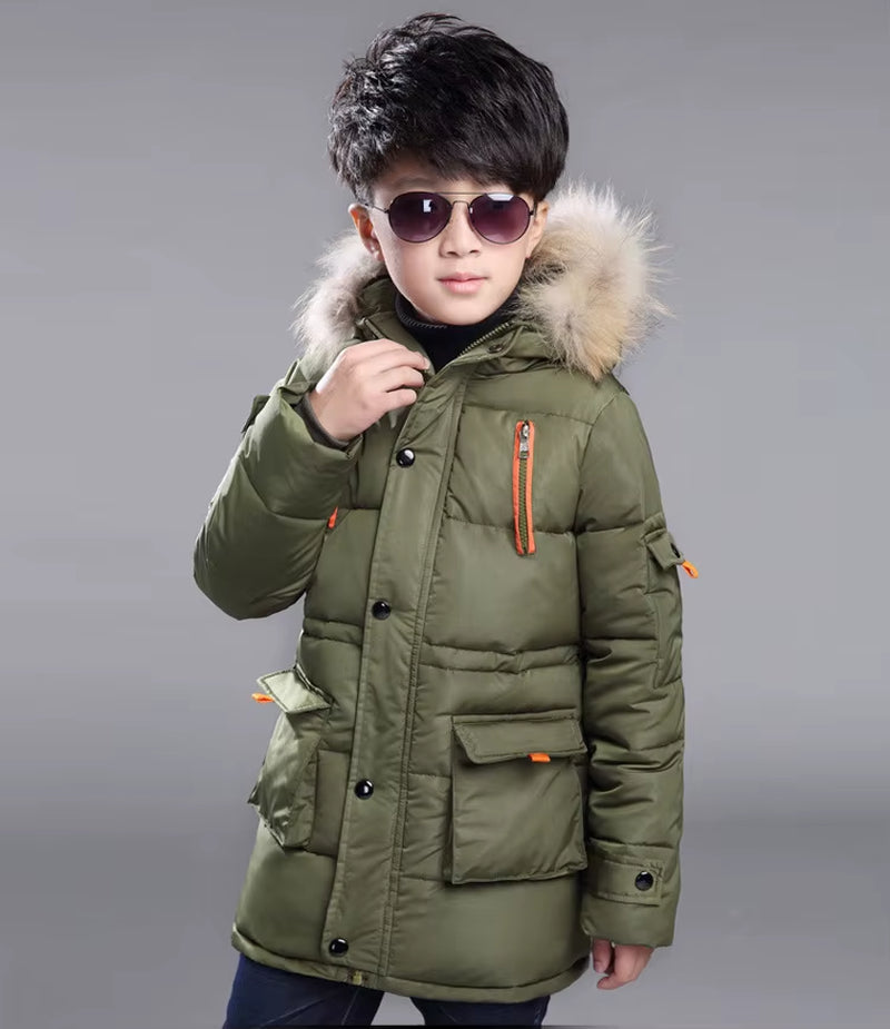 2025 New 4-14 Years Very Keep Warm Winter Boys Jacket Teenager Mid-Length plus Velvet Thickening Hooded Cotton Coat for Kids