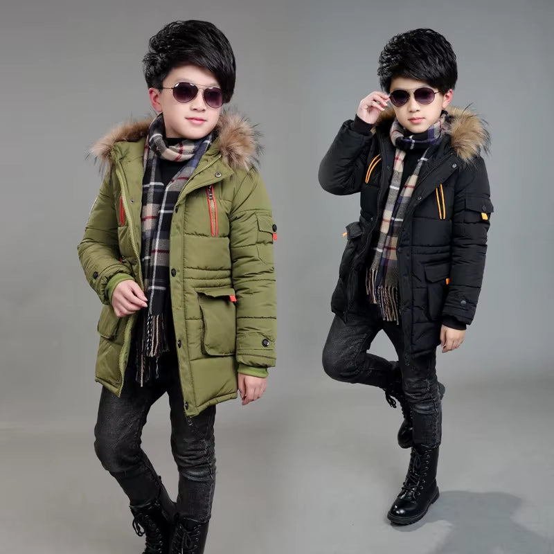 2024 New Big Size Keep Warm Winter Boys Jacket 3-14 Year Fur Collar Thick Hooded Outerwear for Kids Children Outdoor Windbreaker