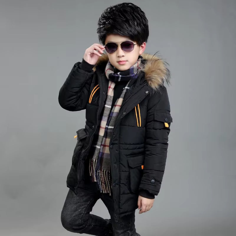 2024 New Big Size Keep Warm Winter Boys Jacket 3-14 Year Fur Collar Thick Hooded Outerwear for Kids Children Outdoor Windbreaker