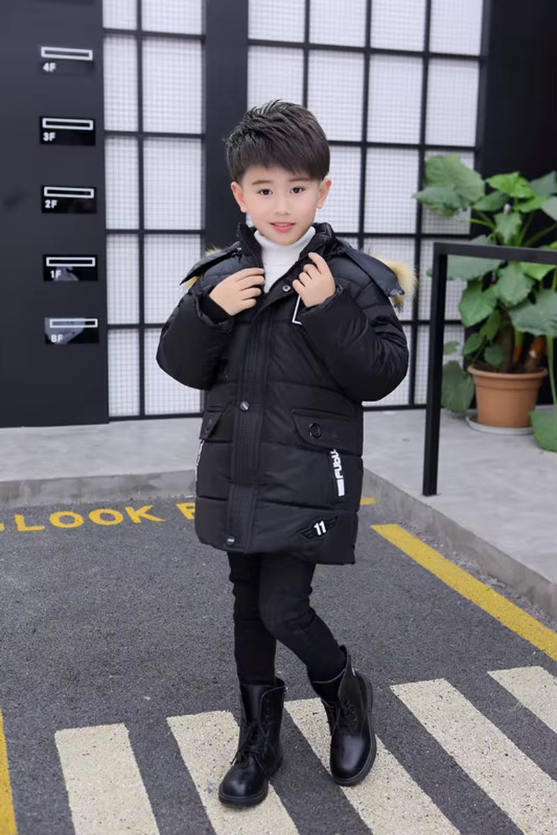 2025 New 4-14 Years Very Keep Warm Winter Boys Jacket Teenager Mid-Length plus Velvet Thickening Hooded Cotton Coat for Kids