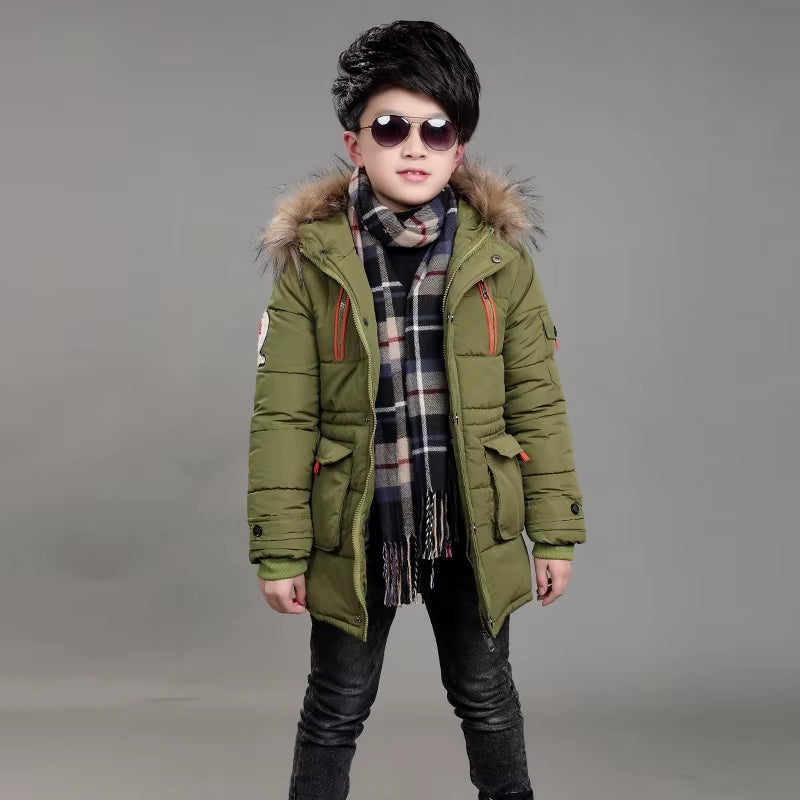 2024 New Big Size Keep Warm Winter Boys Jacket 3-14 Year Fur Collar Thick Hooded Outerwear for Kids Children Outdoor Windbreaker
