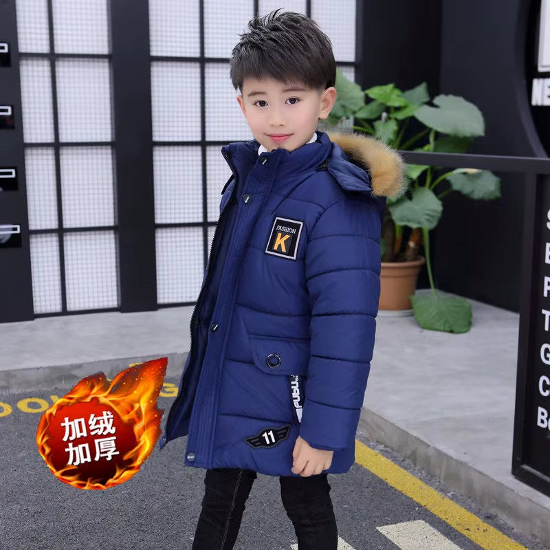 2025 New 4-14 Years Very Keep Warm Winter Boys Jacket Teenager Mid-Length plus Velvet Thickening Hooded Cotton Coat for Kids