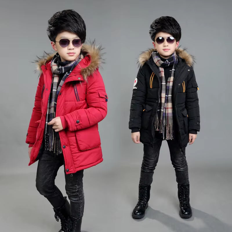 2024 New Big Size Keep Warm Winter Boys Jacket 3-14 Year Fur Collar Thick Hooded Outerwear for Kids Children Outdoor Windbreaker