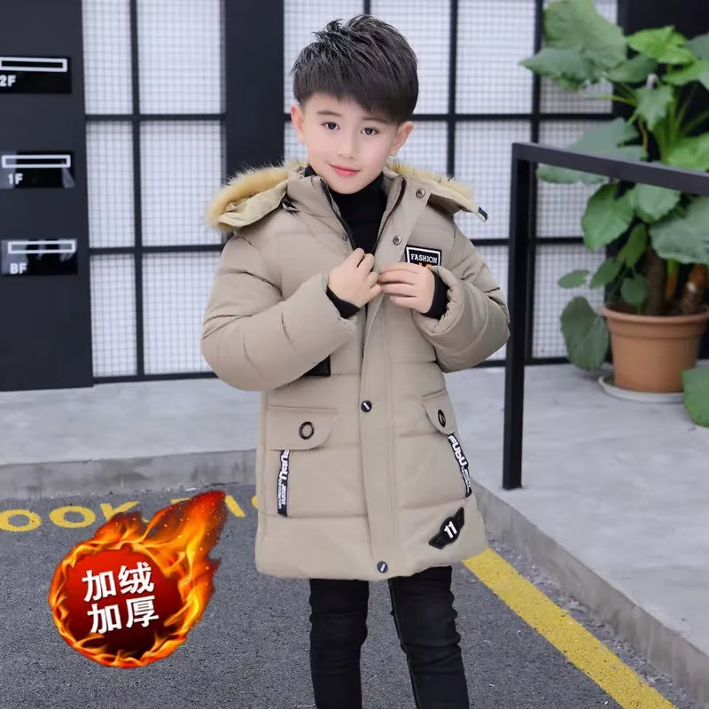 2025 New 4-14 Years Very Keep Warm Winter Boys Jacket Teenager Mid-Length plus Velvet Thickening Hooded Cotton Coat for Kids