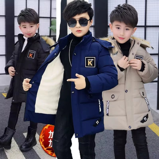 2025 New 4-14 Years Very Keep Warm Winter Boys Jacket Teenager Mid-Length plus Velvet Thickening Hooded Cotton Coat for Kids
