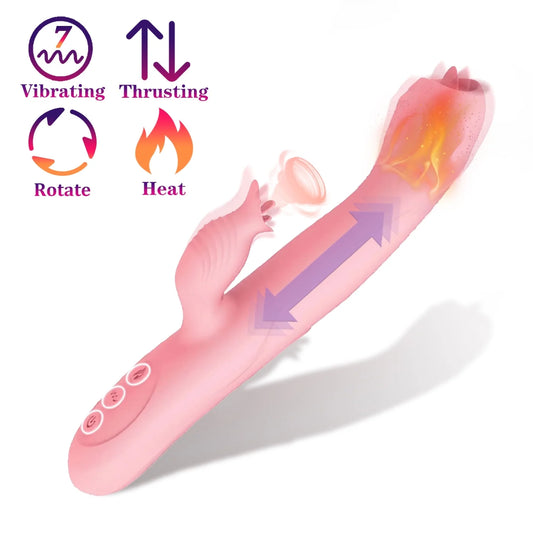 Thrusting Rabbit Vibrator for Women Pleasure Female Sex Toys with 7 Vibration & Telescopic & Rotating & Heating Mode, 5 in 1 Waterproof Adult Toy Silicone Stimulator for Couples