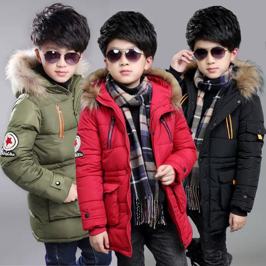 2024 New Big Size Keep Warm Winter Boys Jacket 3-14 Year Fur Collar Thick Hooded Outerwear for Kids Children Outdoor Windbreaker